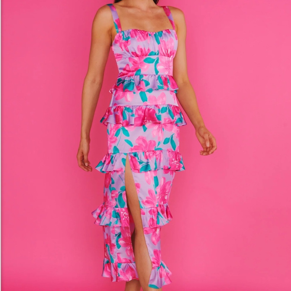 Show Me Your MuMu Pink and Green Floral Midi Dress